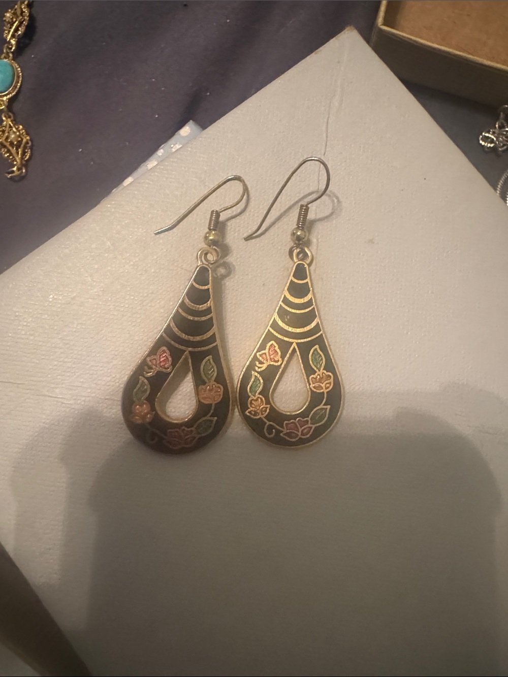 Gold-Tone Black Floral Teardrop Earrings
